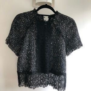 SOLD Zara Woman Black Tweed Short Sleeve Top with Lace Inset Size S
